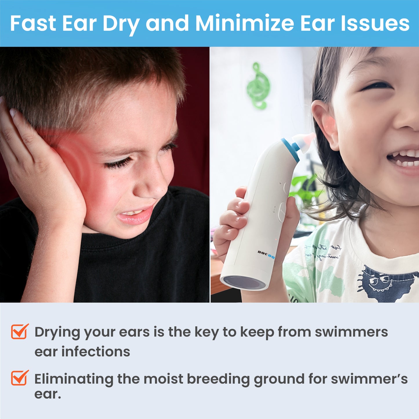 BOCOOLIFE Ear Dryer Ear Moisture Water Removal Ear Dryer Machine, Electronic Warm Air Ear Dryer for Swimmers, Showering, for Water Sports, Surfing, for Scuba, for Hearing Aid User, Dry Ears Naturally