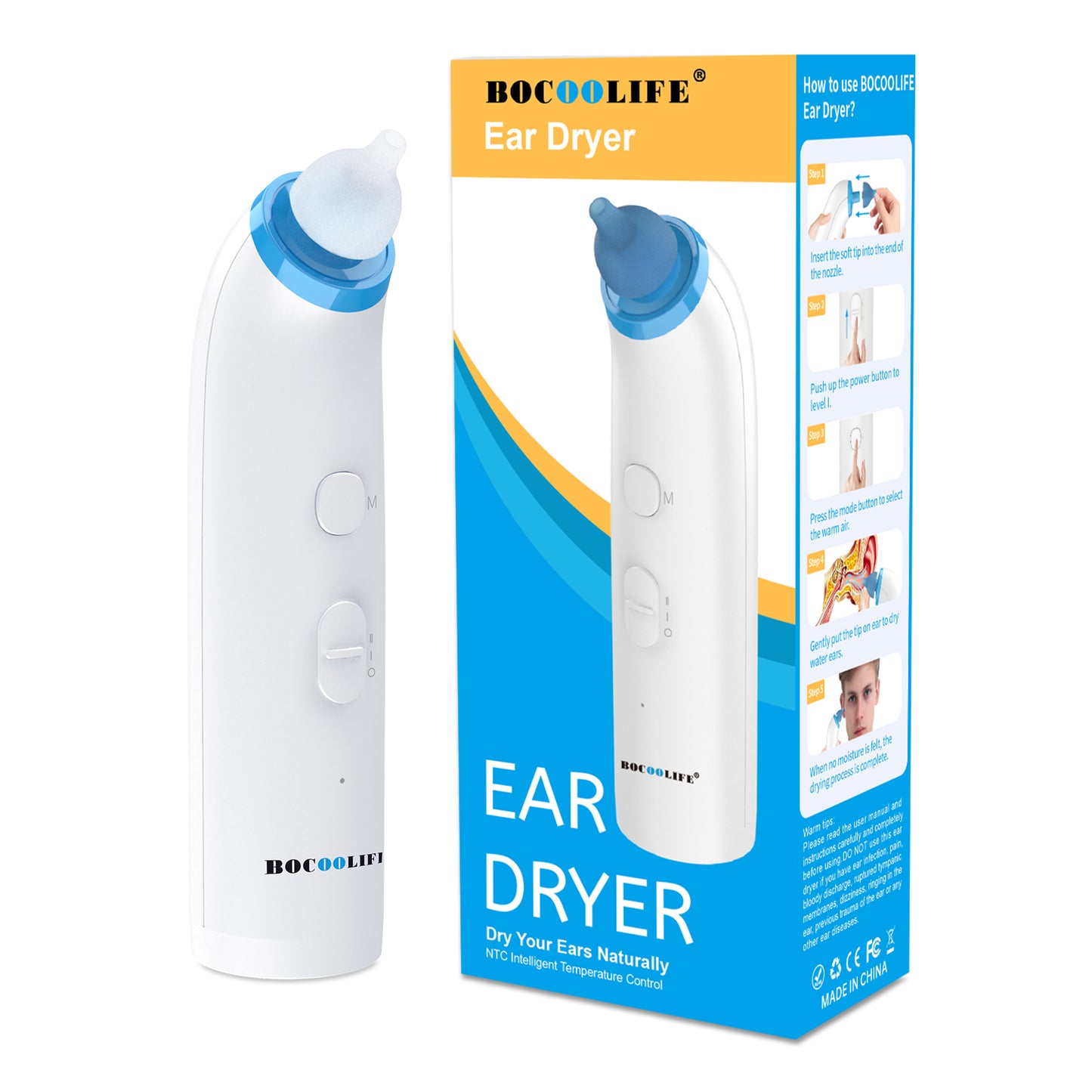 BOCOOLIFE Ear Dryer Ear Moisture Water Removal Ear Dryer Machine, Electronic Warm Air Ear Dryer for Swimmers, Showering, for Water Sports, Surfing, for Scuba, for Hearing Aid User, Dry Ears Naturally