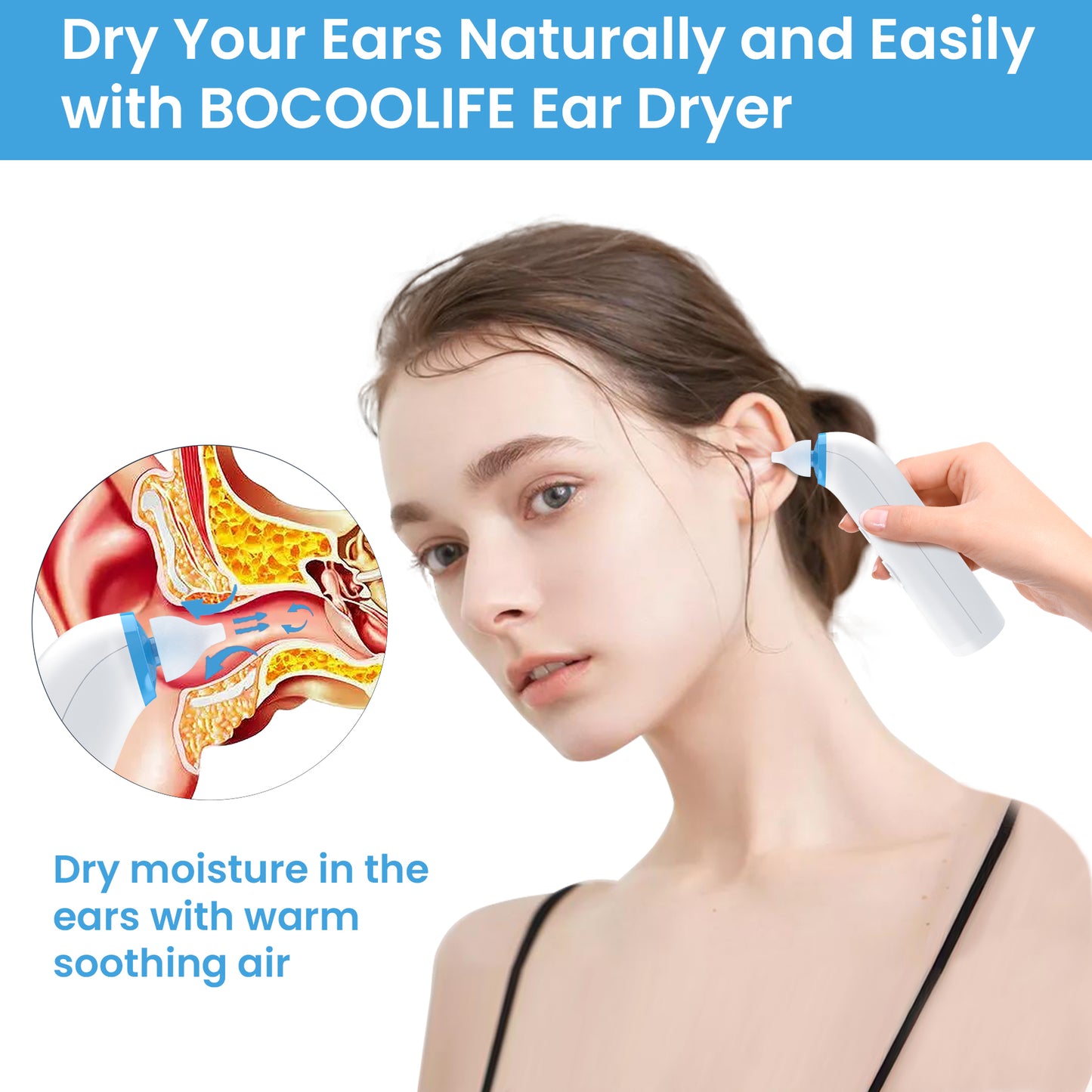 BOCOOLIFE Ear Dryer Ear Moisture Water Removal Ear Dryer Machine, Electronic Warm Air Ear Dryer for Swimmers, Showering, for Water Sports, Surfing, for Scuba, for Hearing Aid User, Dry Ears Naturally