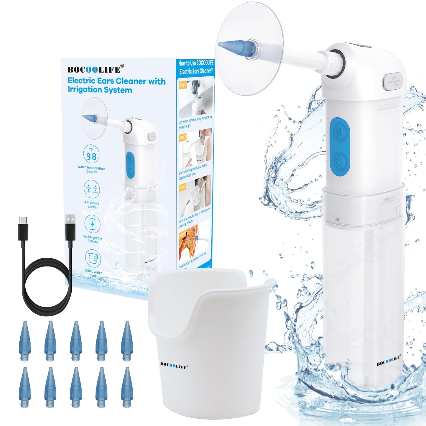 BOCOOLIFE Ear Wax Removal Electric Ear Cleaning Kit Waterproof Cleaner 4 Water Pressure Modes, Temperature Display, Ear Irrigation Flushing System Safe Effective Clean Wax Buildup, 10 Tips, Ear Basin