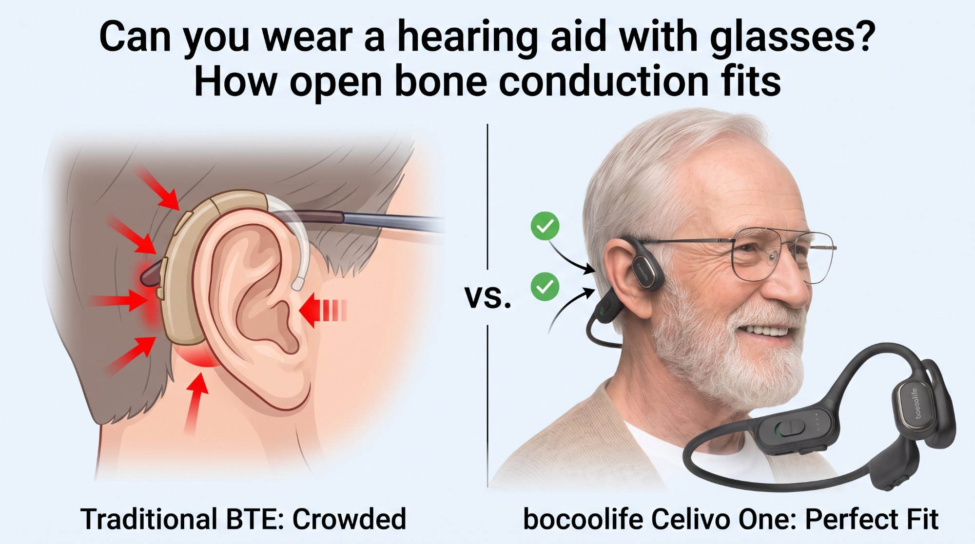 Illustration for the bocoolife article “Can you wear a hearing aid with glasses? How open bone conduction fits”